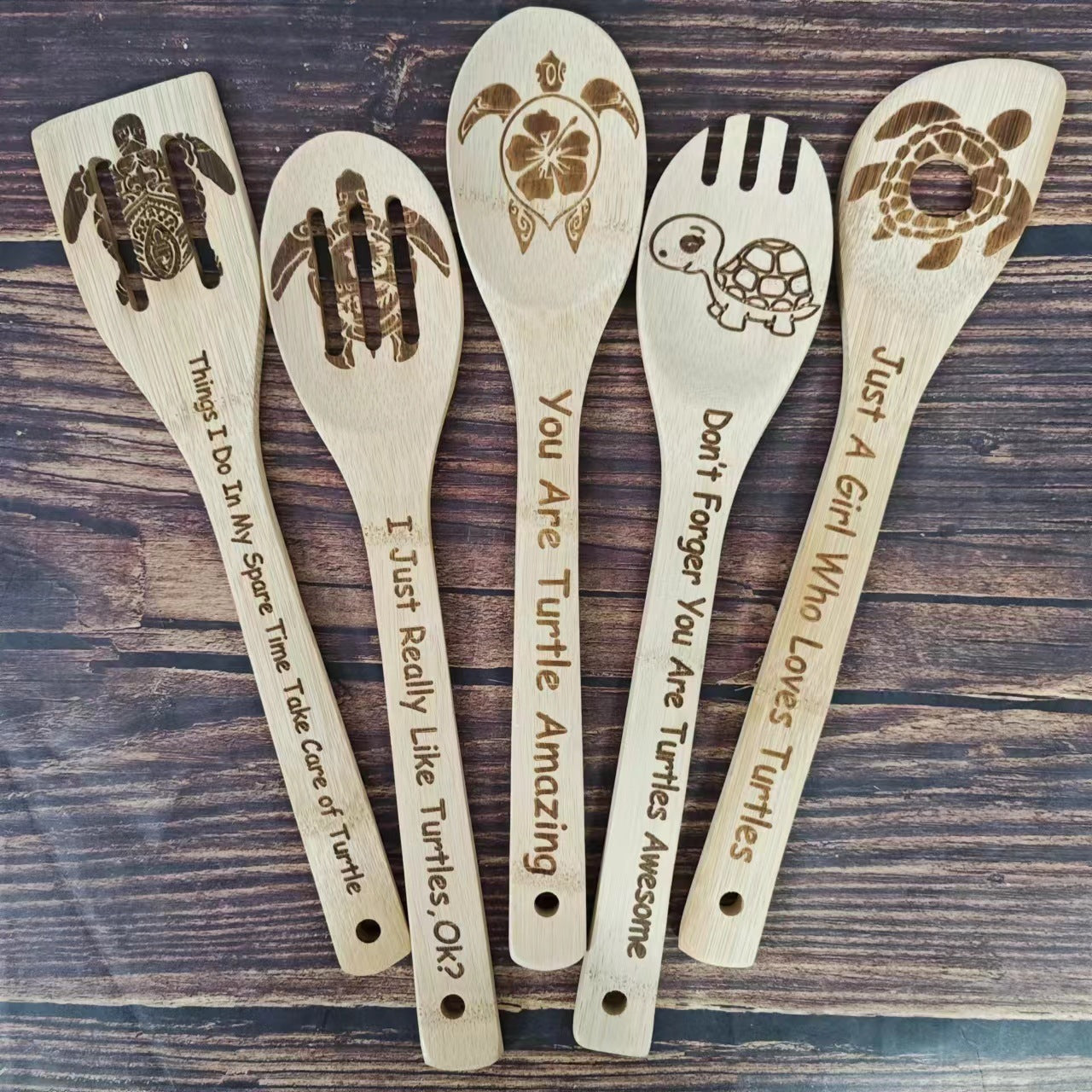 Bamboo Shovel Laser Engraving Pattern Halloween Christmas Bamboo Shovel Cooking Suit Five-piece Set