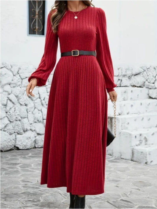 Elegant Maroon Ribbed Midi Dress For Women With Lantern Sleeves