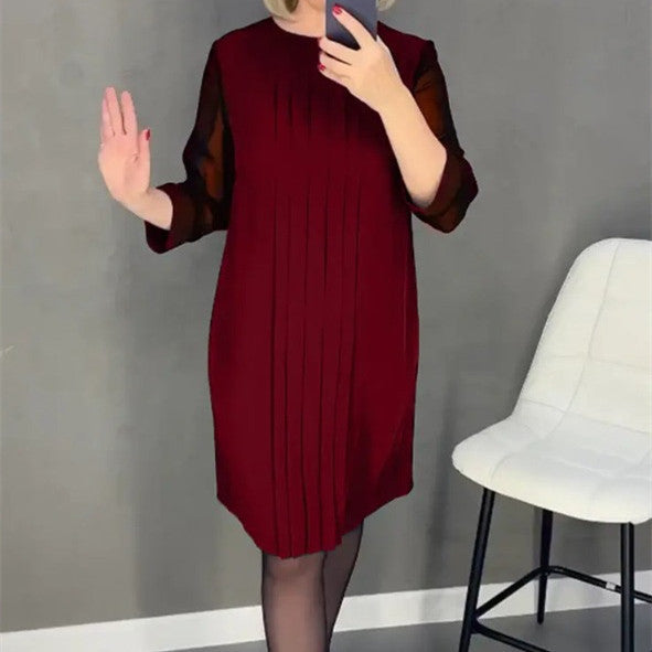 Lace Sleeve Round Neck Pleated Long Sleeve Dress Women's Clothing