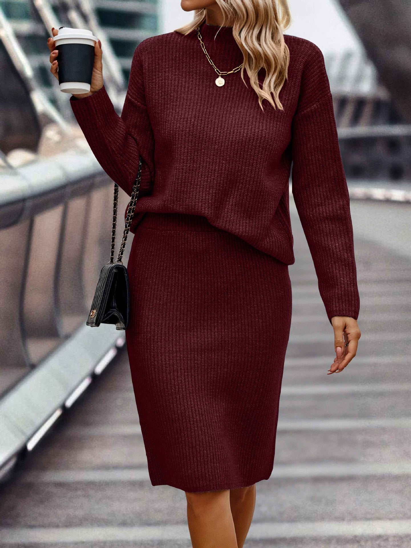 European And American Autumn And Winter Solid Color Long Sleeve Fashion Mock Neck Sweater Women's Suit