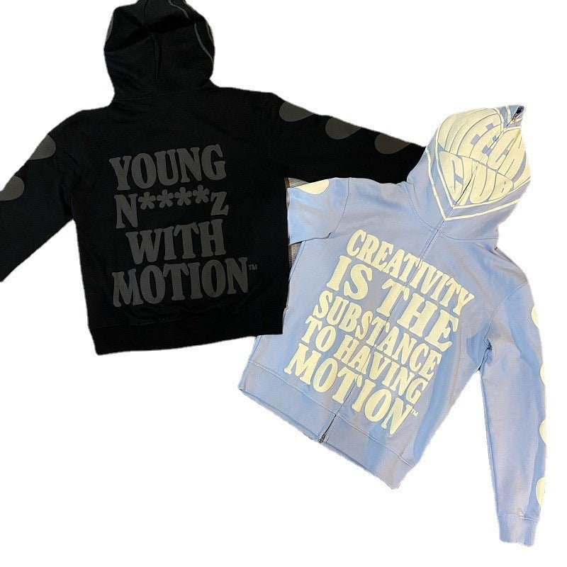 European And American Printed Hooded Cardigan Loose Zip Male And Female Trendy Brand Sweater Coat