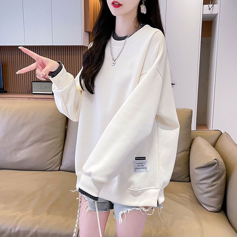 Round-neck With Fleece Lining Thick Fake Two Pieces Long Sleeve Loose Sweatshirt