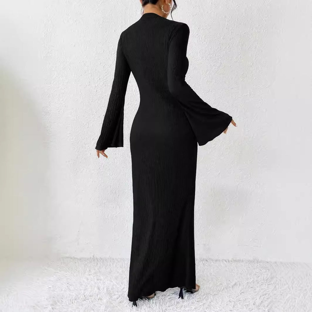 Autumn And Winter Women's Fashion Round Neck Horn Long Sleeve Slim Hip Bag Dress