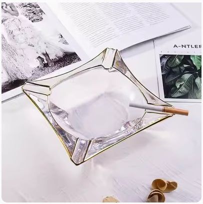 Crystal Glass Gold Rim Ashtray Prevent Fly Ash