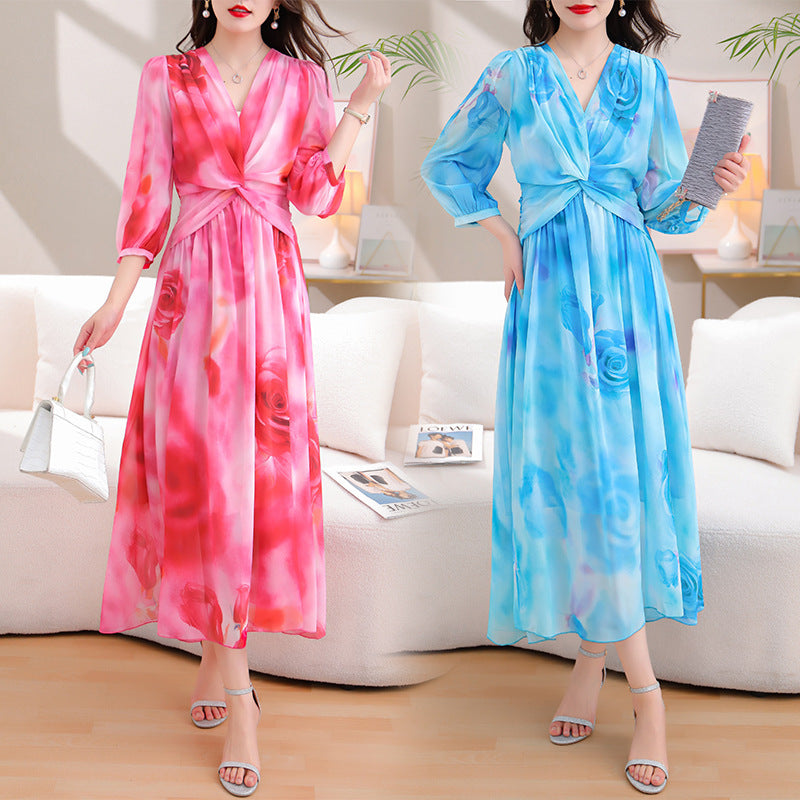 Women's Pleated Chiffon Printed Dress
