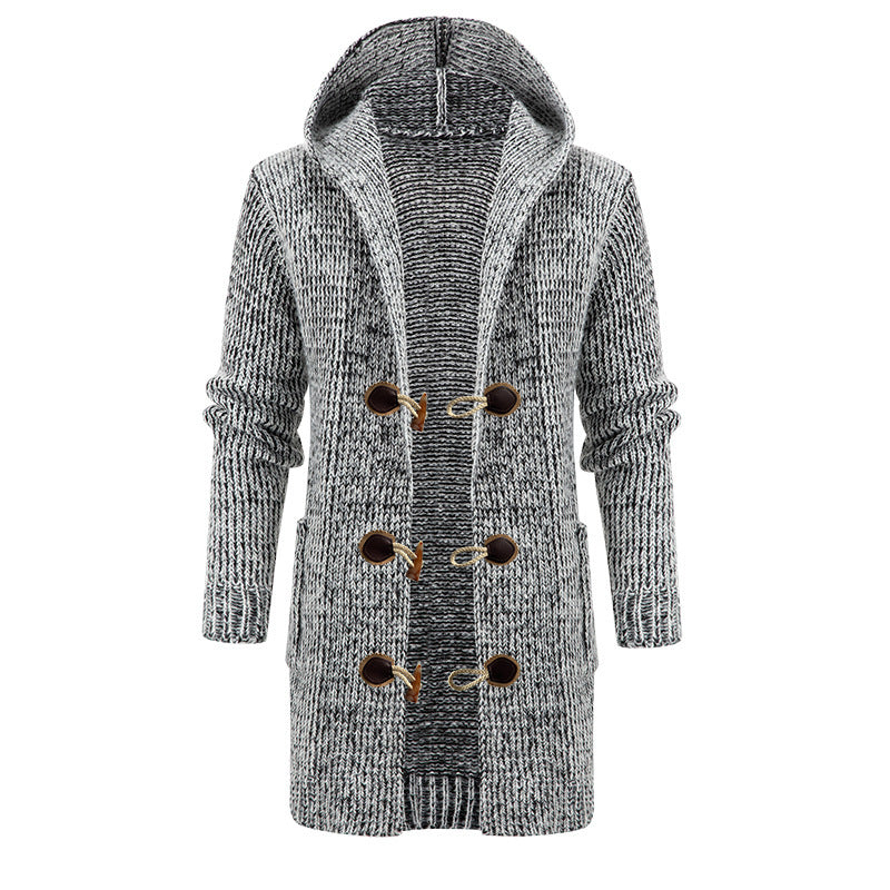 Coat Cardigan Hooded Long Sweater With Horn Buttons