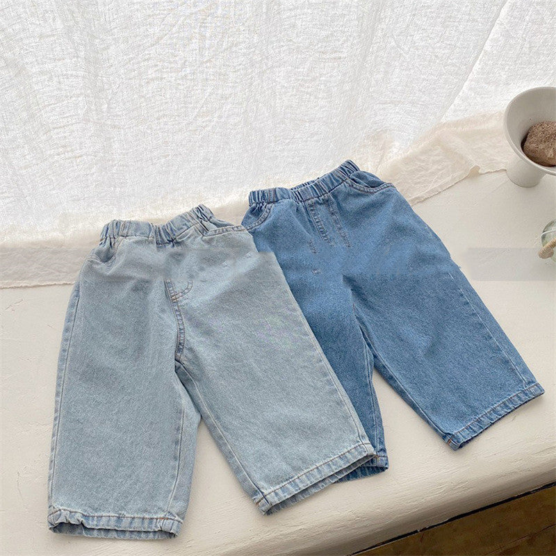 Children's Elastic Waist Leisure Washed-out Jeans