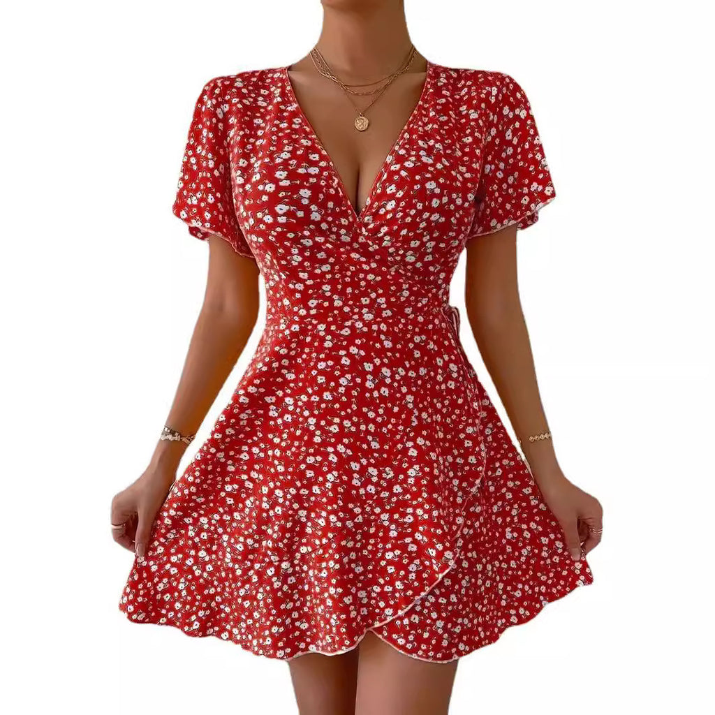 Floral Tie-neck Waist Trimming Short-sleeved V-neck Women's Clothing Dress