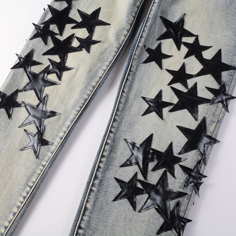 High Street Blue Five-pointed Star Stretch Slim Jeans