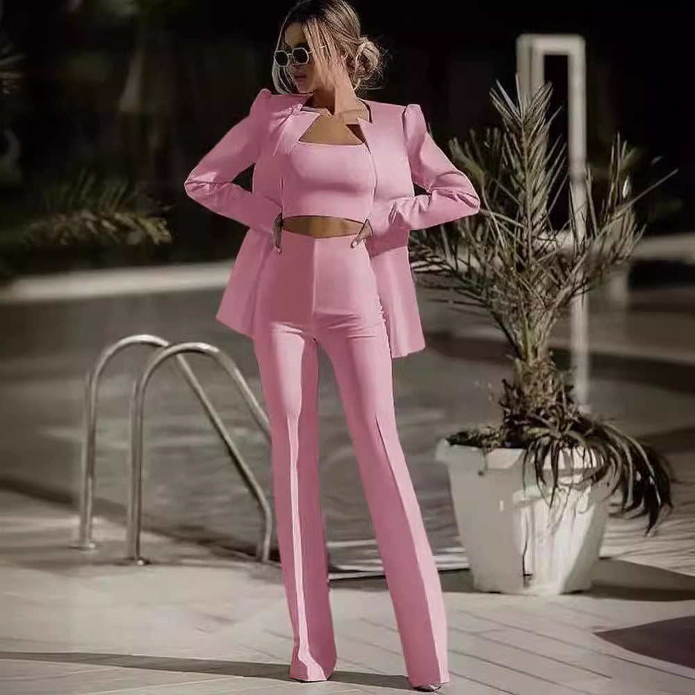 European And American Fashion Commute Midriff-baring Solid Color Suit Suit