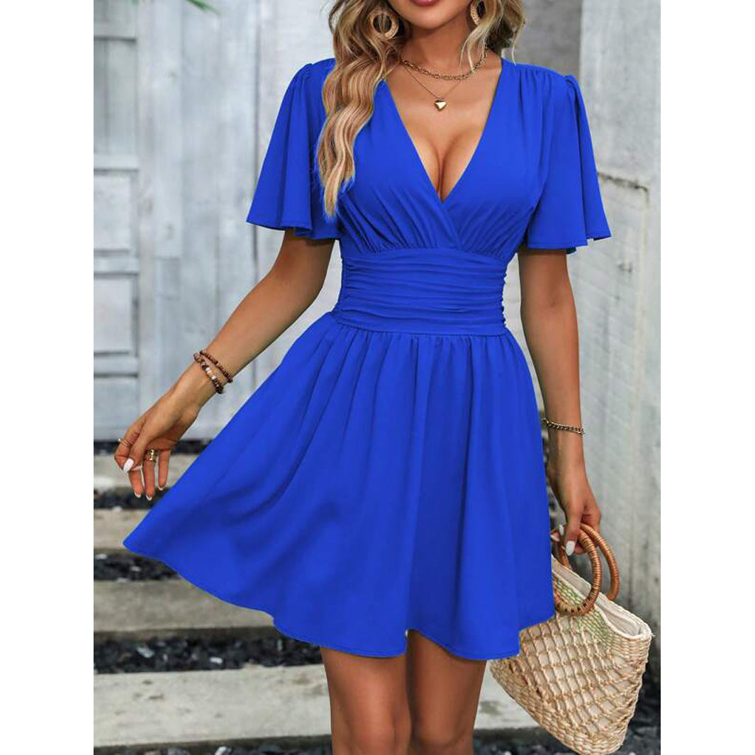 Women's V-neck Butterfly Sleeve Pleated Waist Dress