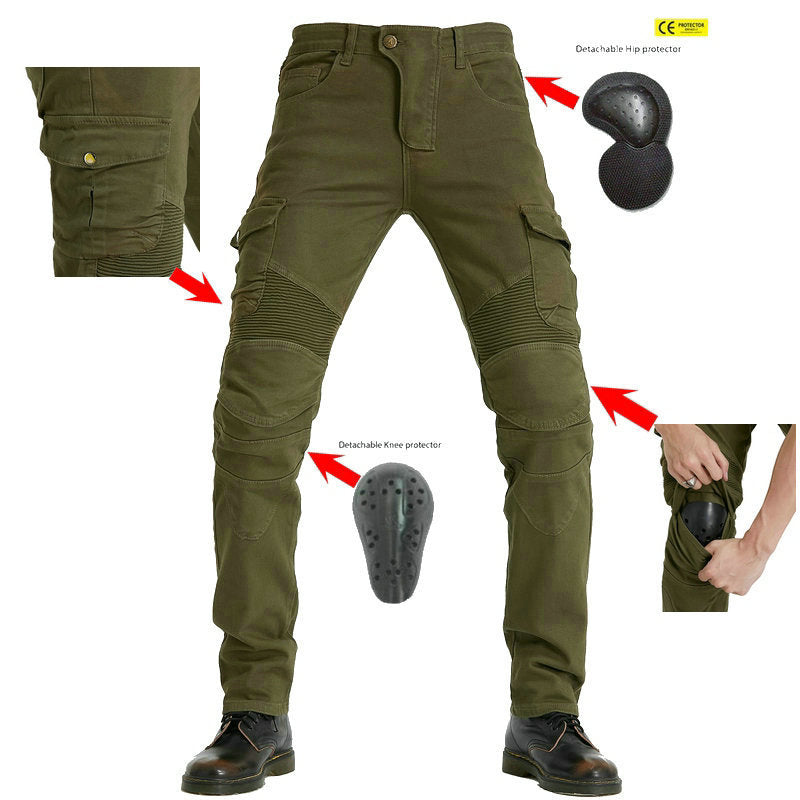 Army Green Tooling Multi-Pocket Motorcycle Stretch Anti-Fall Riding Pants