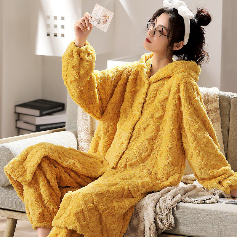 Flannel Thickened Long Jacquard Hooded Home Service Suit