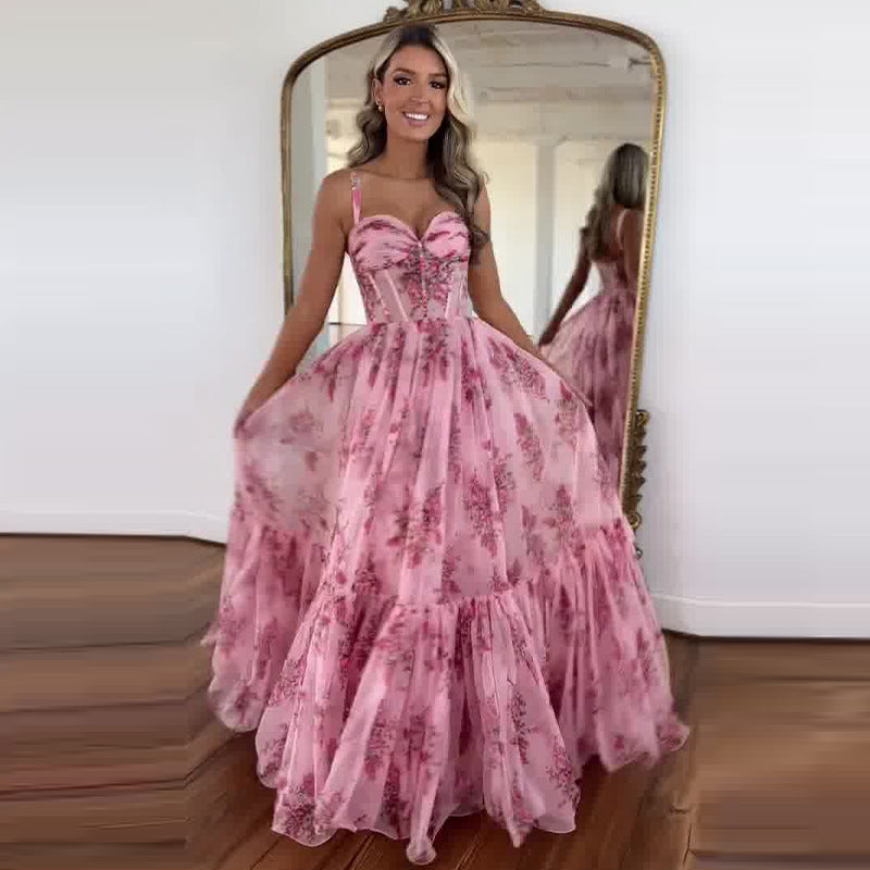 Cinched Waist Slim-fit Fashion Printed Large Swing Dress