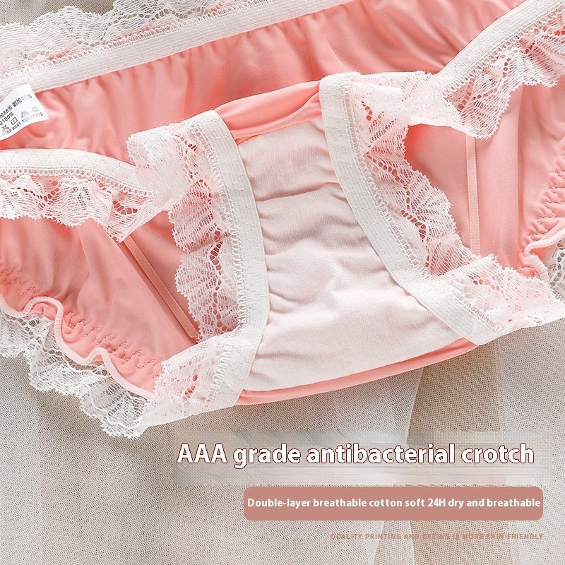 Soft Ice Silk Underwear Women's Double-layer Antibacterial Lace Lace Briefs