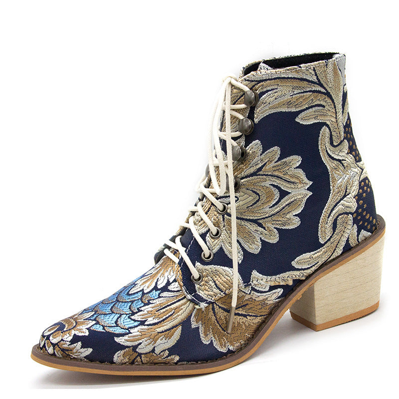Ethnic Style Pointed Thick Heel Lace Embroidered Short Boots Women