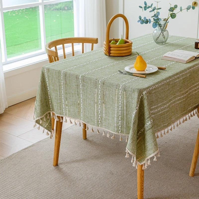 Cotton Linen Tablecloth Solid Color Hollow Striped Design Cover Cloth