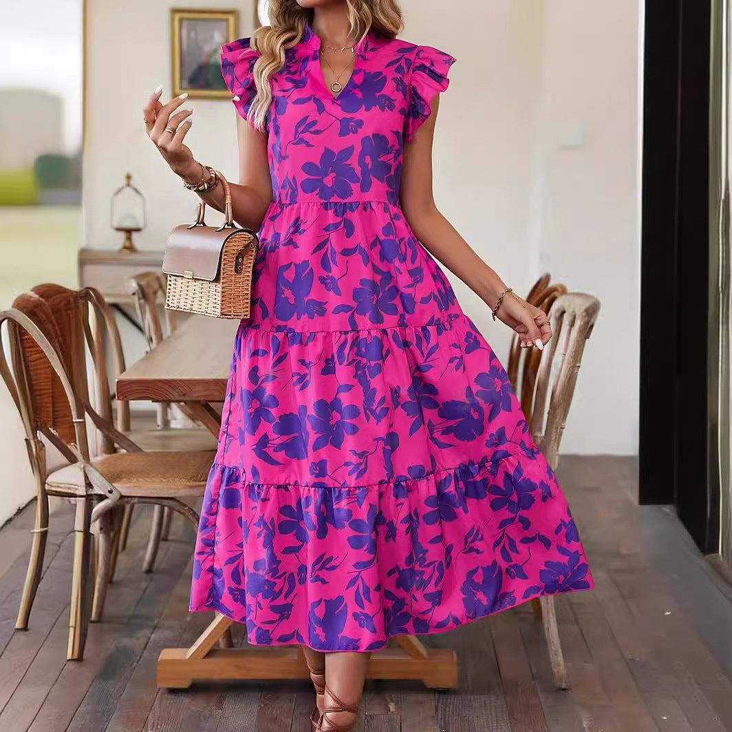 Ruffled Vacation Style Sleeveless Printed Dress