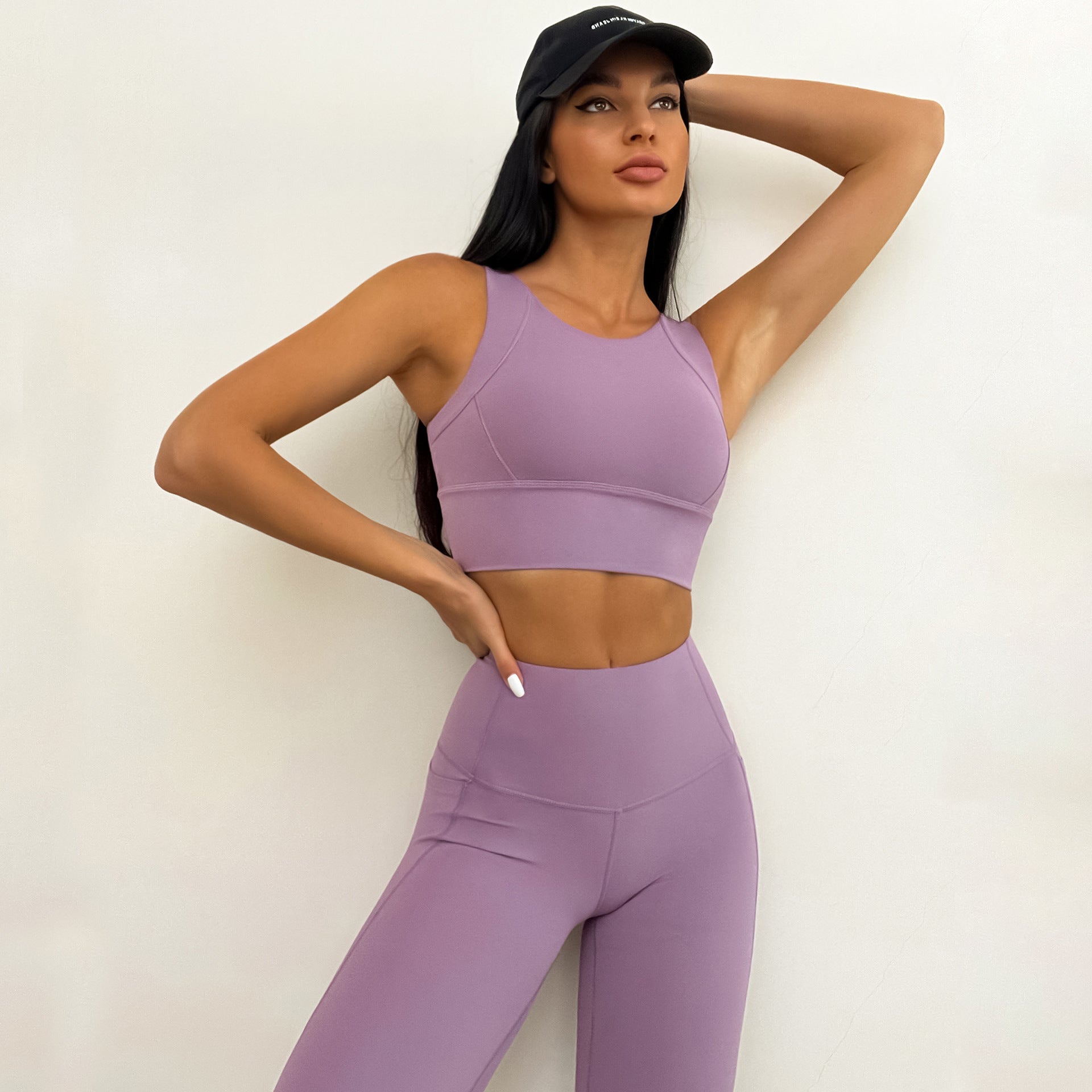 Popular Nude Fabric Sports Tank Top High Waist Pants Double Pocket Yoga Suit Set