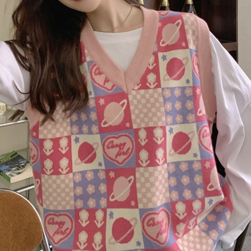 Women's Fashion Chessboard Plaid Vest Knitted