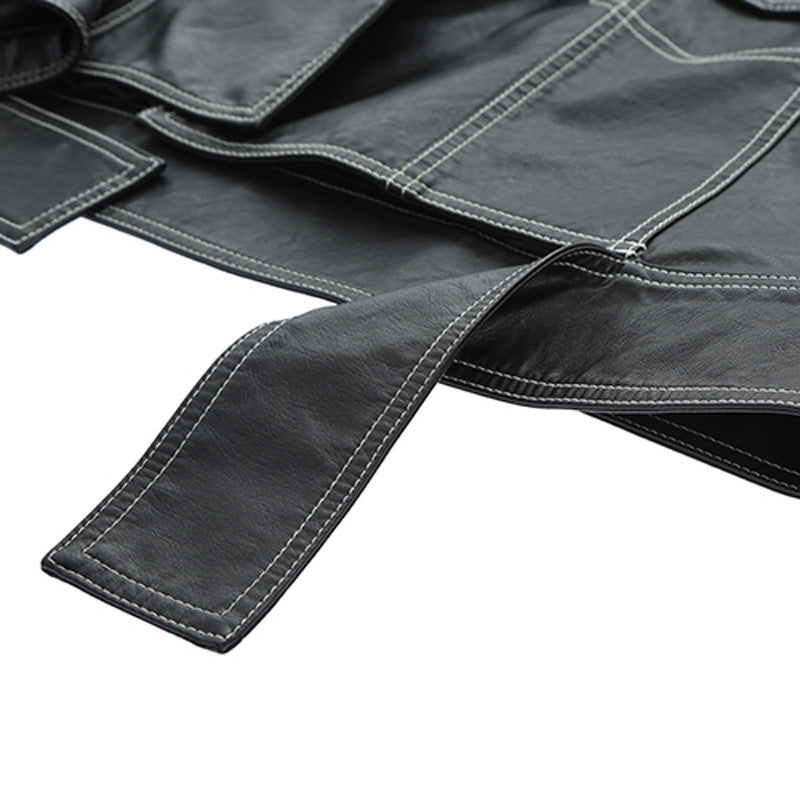 Lapel Topstitched Decorative Pu Motorcycle Jacket Women's Leather Jacket