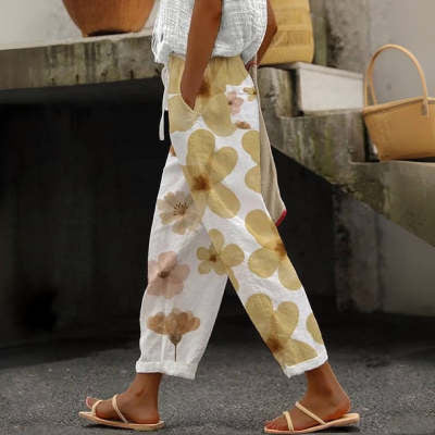Women's Cotton And Linen Printing Paste Bags Casual Pants