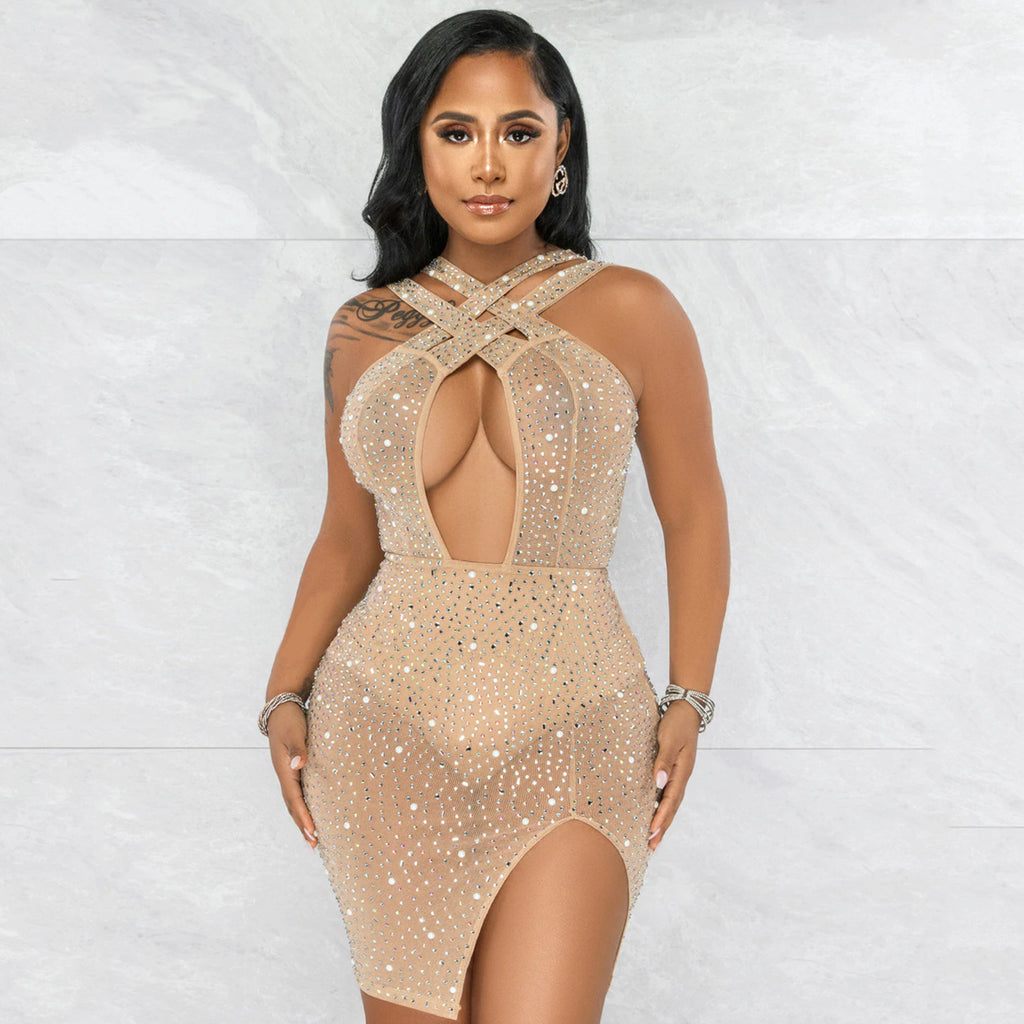 Women's Sexy Mesh Hot Drilling Nightclub Party Dress