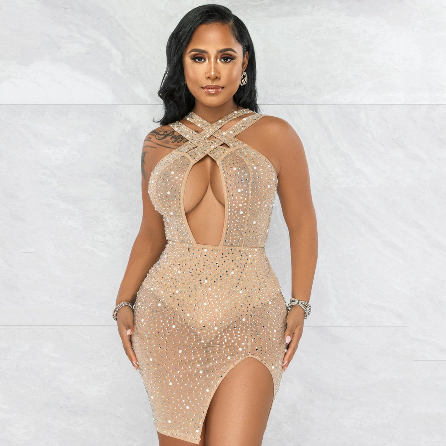 Women's Sexy Mesh Hot Drilling Nightclub Party Dress