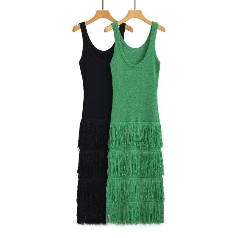 Solid Color Hem Tassel Knitted Sling Dress