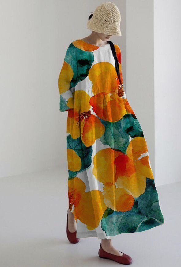 Summer European And American Women's Loose Round Neck Fashion Advanced Long Sleeve 3D Printing Dress