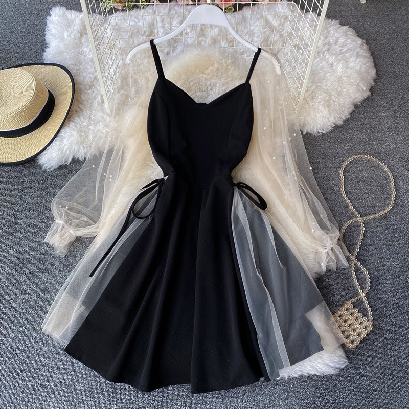 Puff Sleeve VNeck Low Cut Paneled Mesh Beaded ALine Skirt