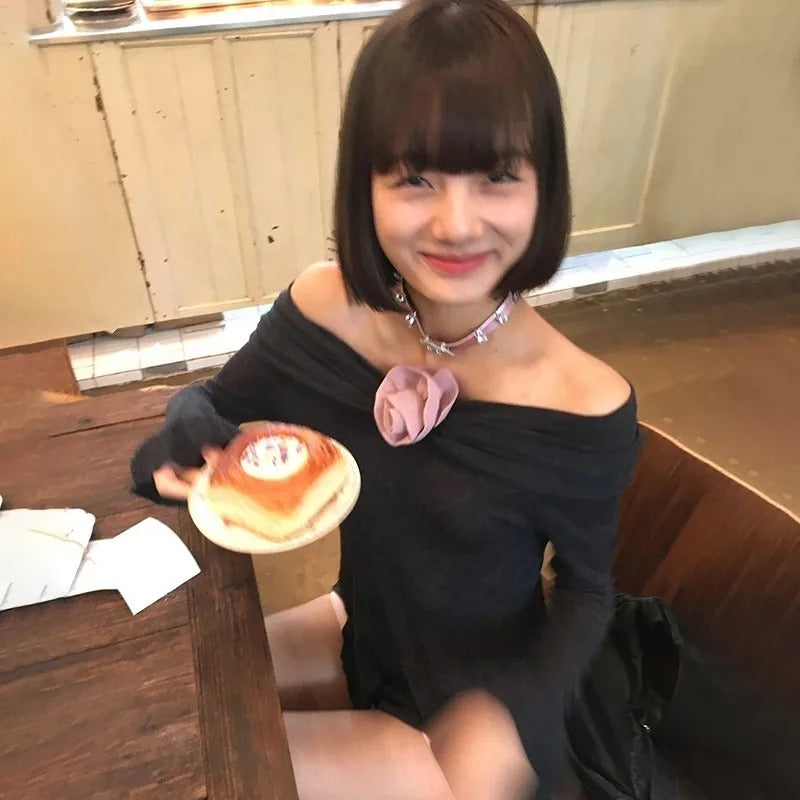 Off-neck Rose Decorative Flower Dress