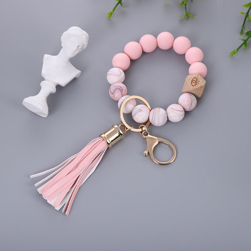 Color Silicone Bead Bracelet PU Tassel Key Chain