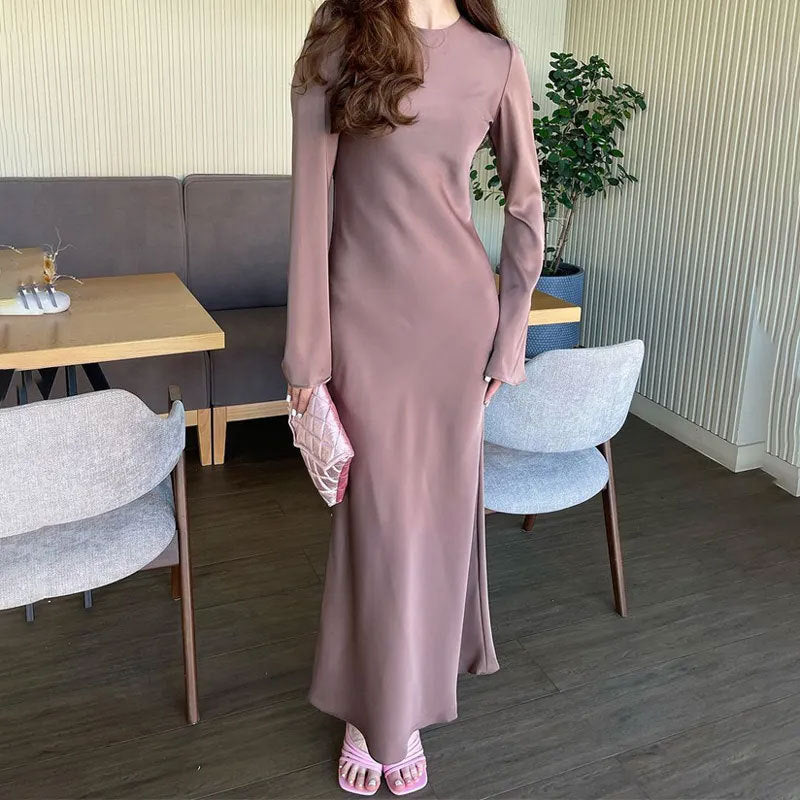 Women's Clothing Temperament Pure Color Long Sleeve Round Neck Waist Trimming Sheath French Dress