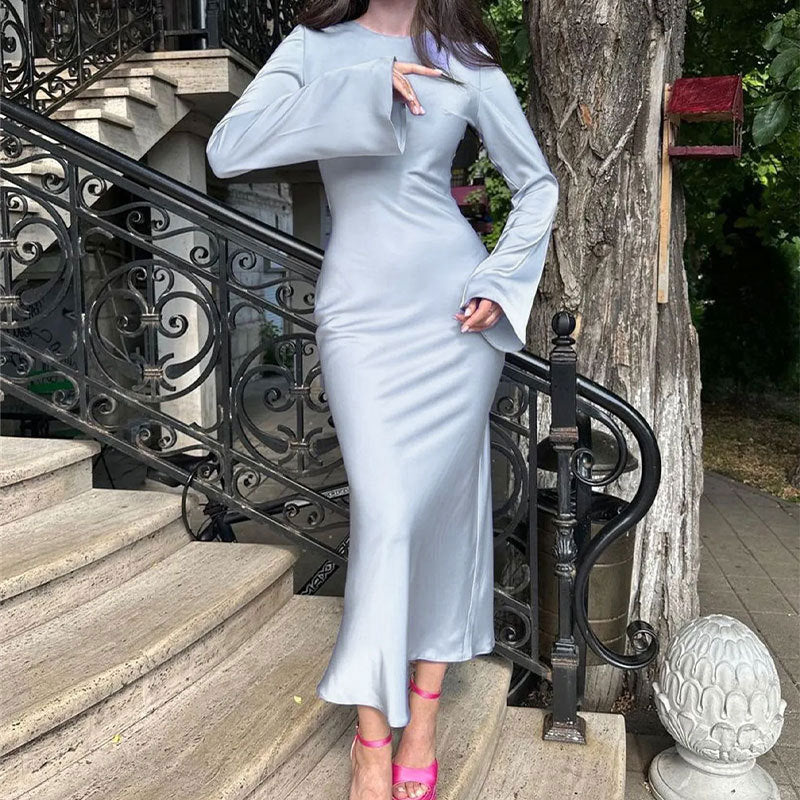 Women's Clothing Temperament Pure Color Long Sleeve Round Neck Waist Trimming Sheath French Dress