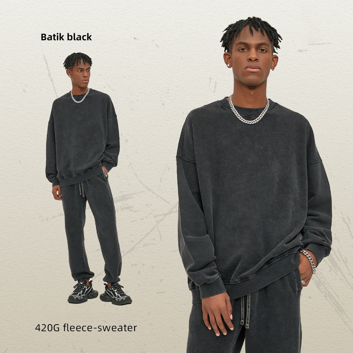 Men's Waxed Heavy Round Neck Sweater Fashion Brand Pure Color Washed Retro Top