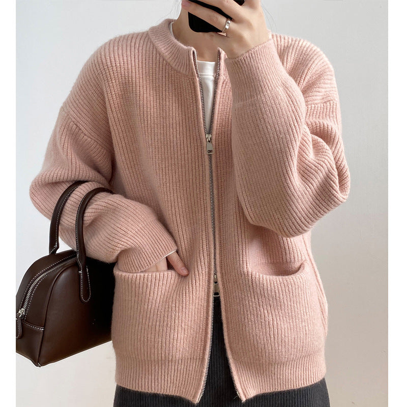 Autumn Solid Color Double Zipper Knitted Cardigan Women's Sweater