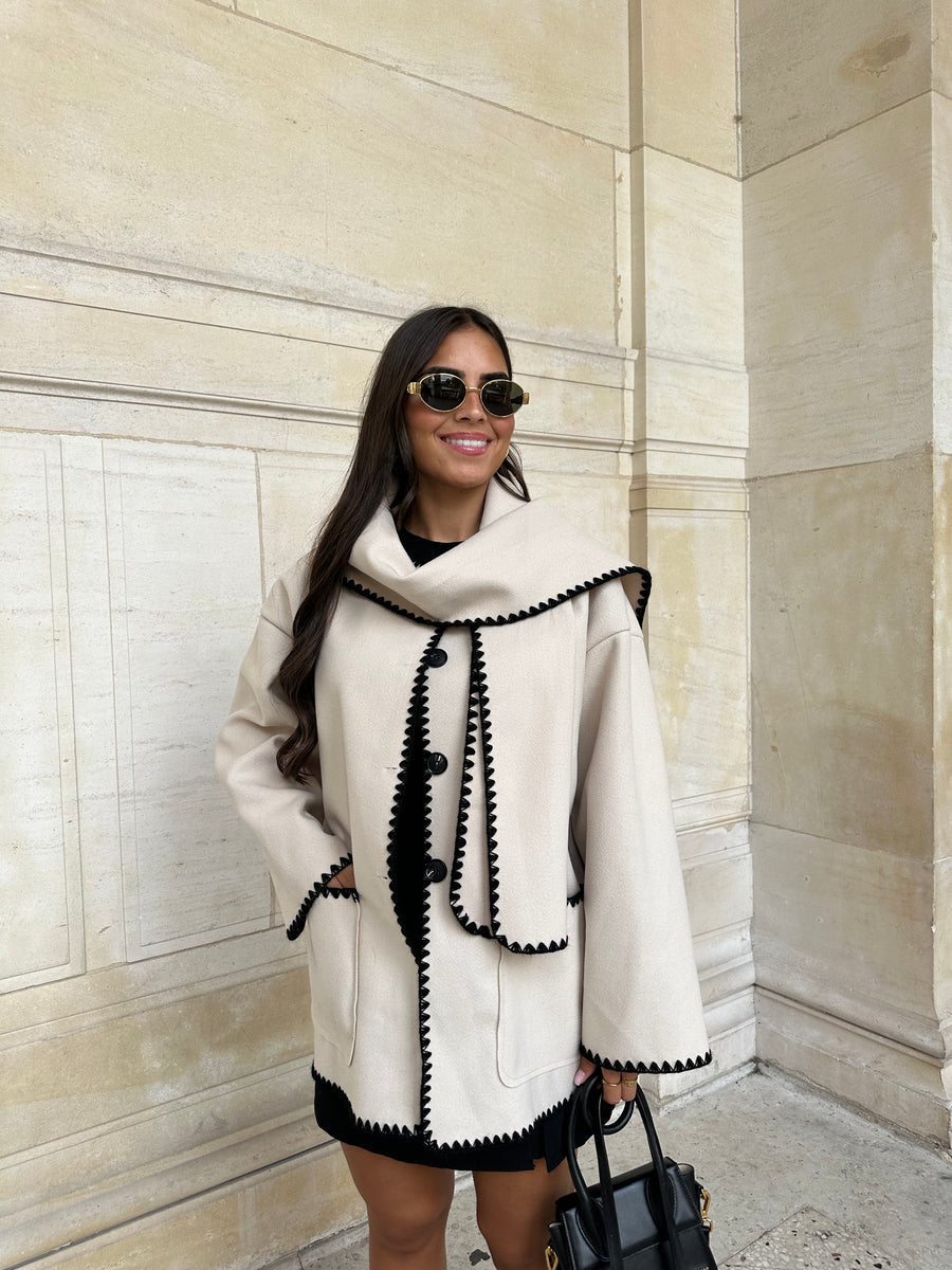 Women's Fashion Color Contrast Scarf Woolen Coat