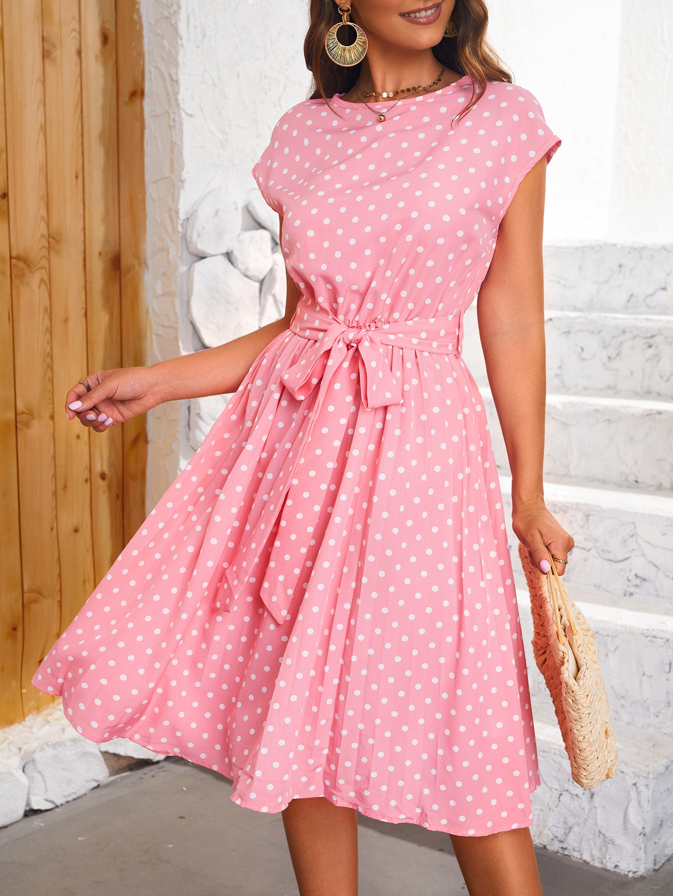 Women's Short Sleeve Lace-up Polka Dots Pleated Dress