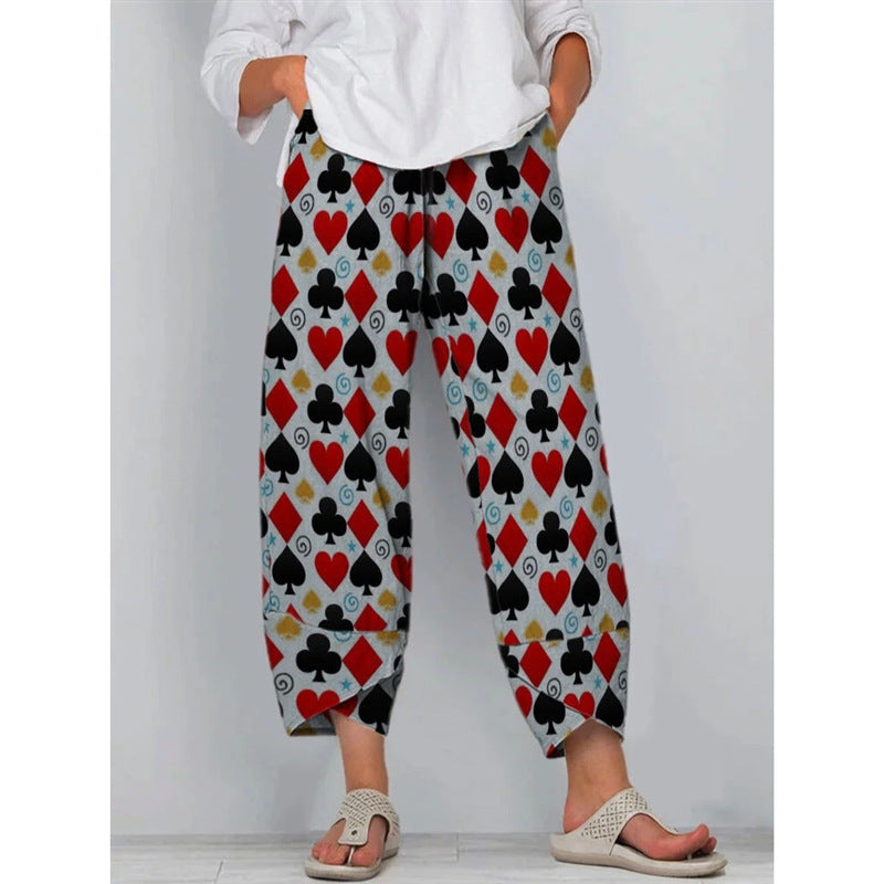 High Waist Gray Trousers Printed Stitching Loose Cropped Pants