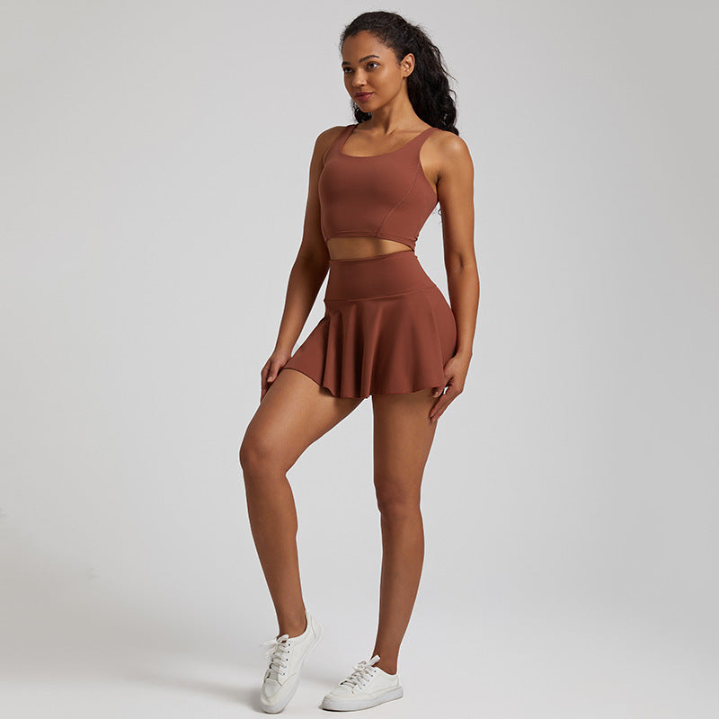 Nude Feel Outdoor Running Fitness Casual Pleated Mini Skirt Vest Suit