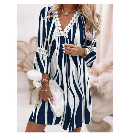Women's V-neck Printed Lace Stitching Dress