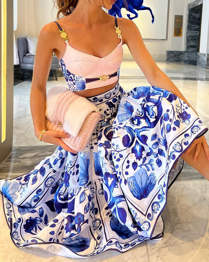 V's Mediterranean Blue Blue And White Porcelain Stitching Tube Top Two-piece Sling