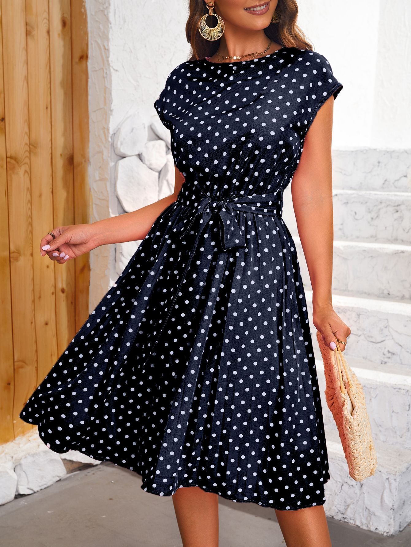 Women's Short Sleeve Lace-up Polka Dots Pleated Dress