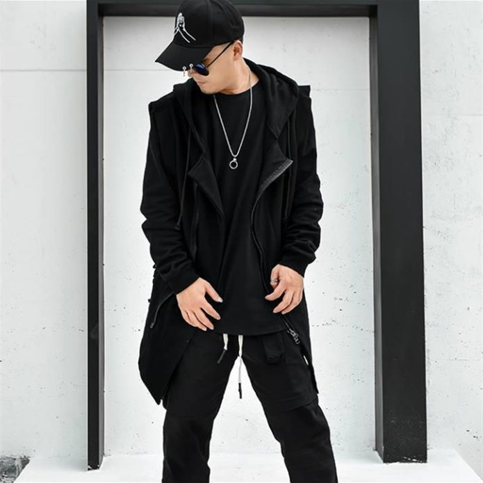 Dark Mid Length Windbreaker Men's Loose Hip Hop Cloak Sweater Hooded Coat