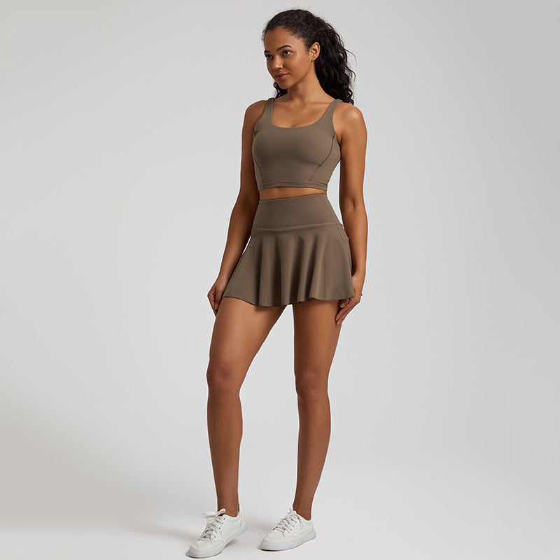 Nude Feel Outdoor Running Fitness Casual Pleated Mini Skirt Vest Suit