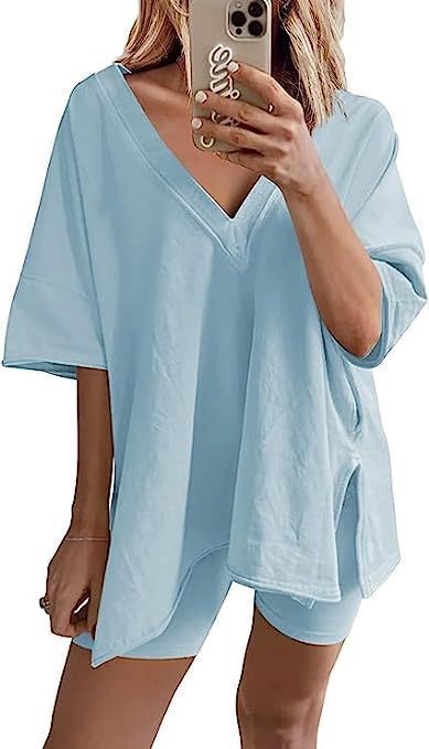 Women's Fashion Short Sleeve T-shirt High Waist Figure Flattering Shorts Casual Two Pieces