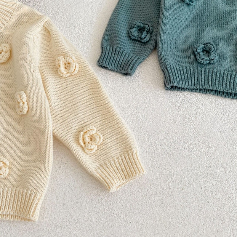 Floral Knit Cotton Yarn Jacket Round Neck Sweater Cardigan