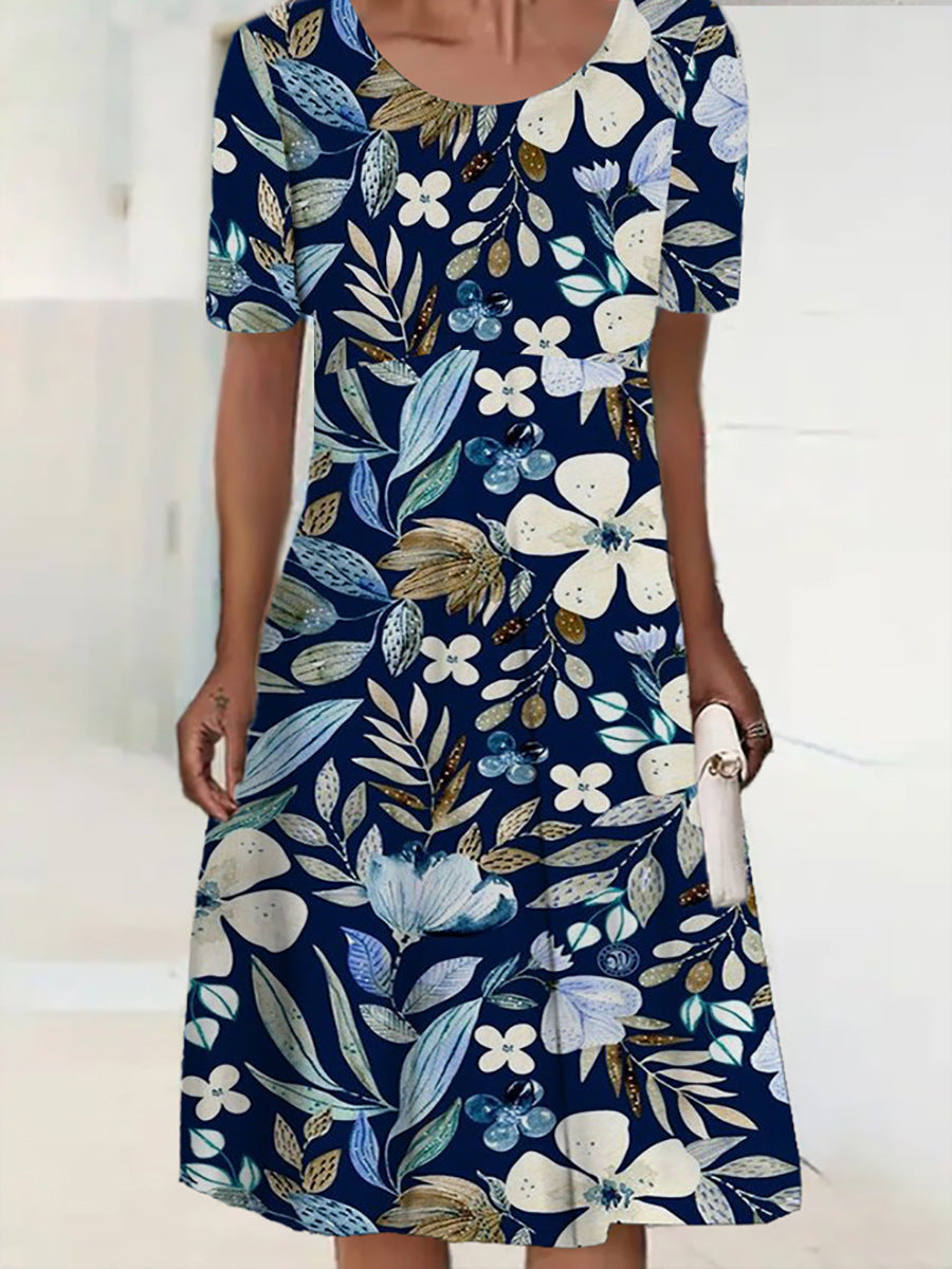 Women's Round Neck Short Sleeve Pleated Mid-length Dress