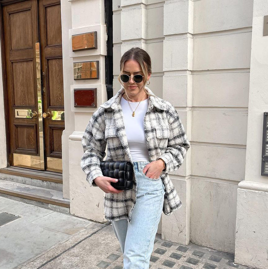Fashion Ladies Plaid Loose Shirt Woolen Jacket